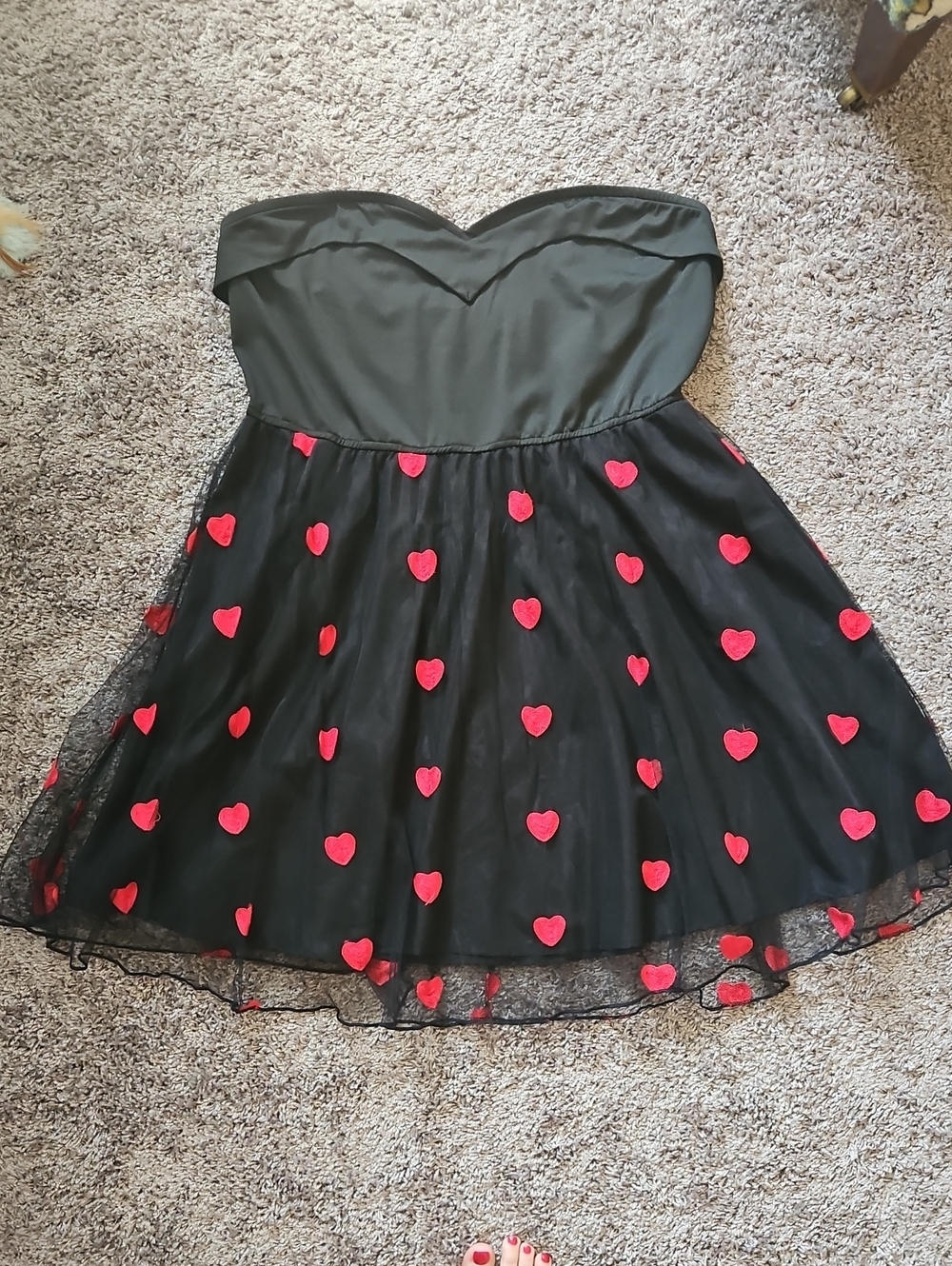 Black Strapless Dress with Red Heart Appliqués